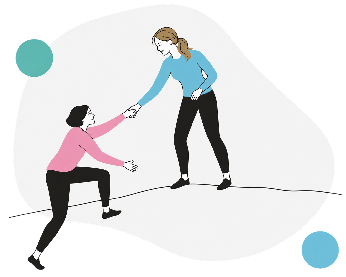 Illustration: Marlene mit blauem Oberteil reicht einer anderen Person unterstützend die Hand.