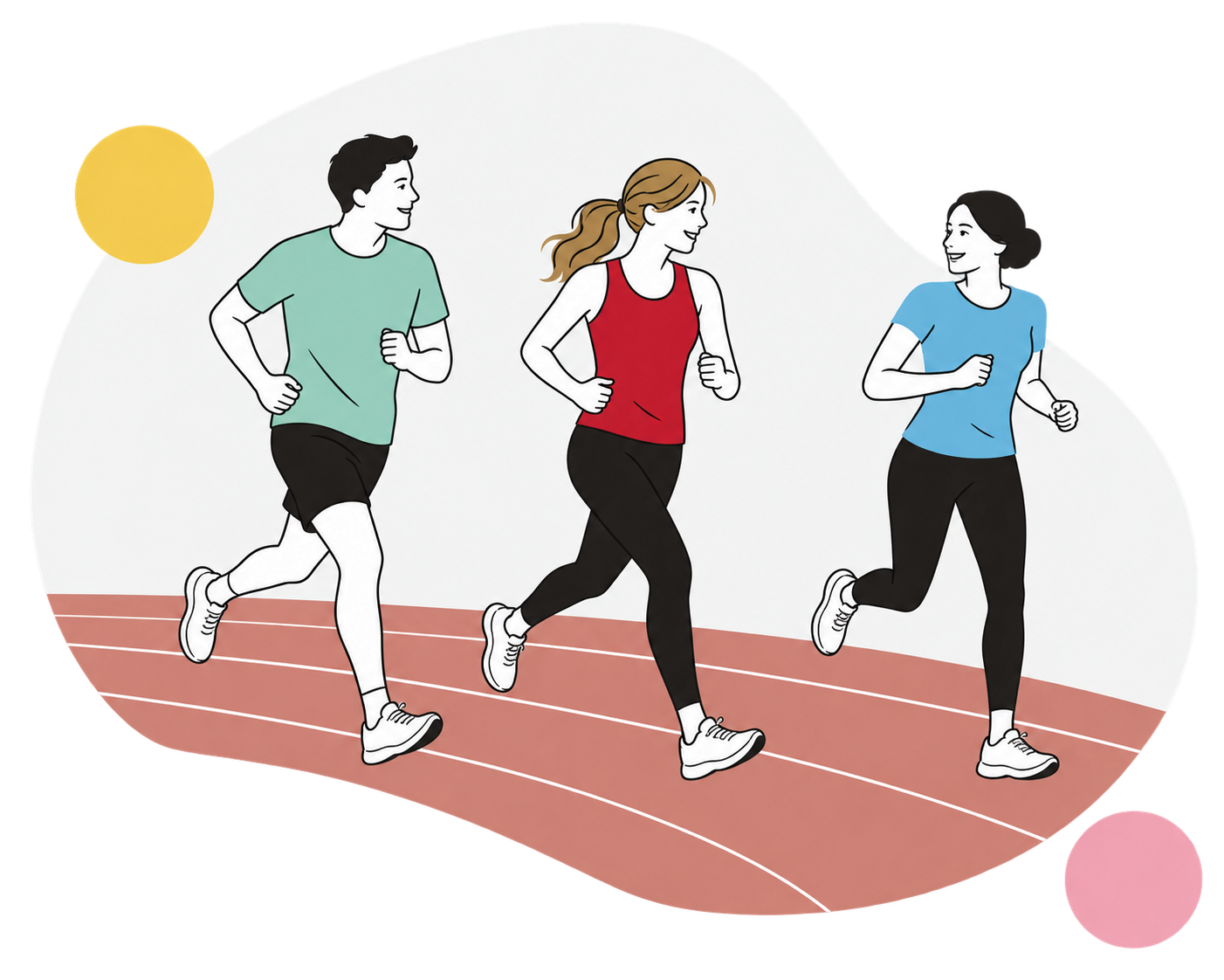 Illustration: Marlene im roten Sporttop läuft mit zwei weiteren Personen auf einer Laufbahn, umrahmt von gelben und rosa Farbpunkten.