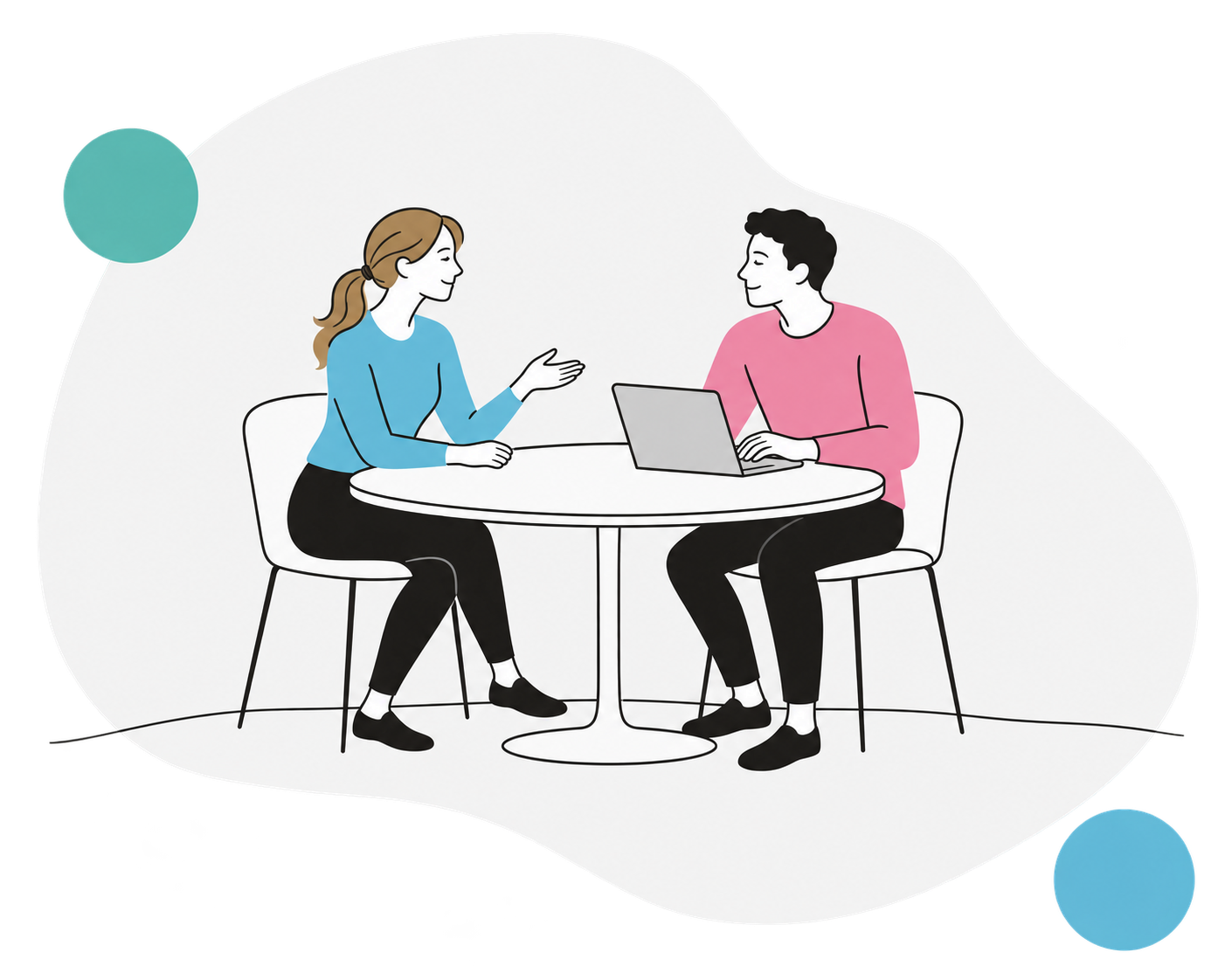 Illustration: Marlene im blauen Shirt sitzt links an einem runden Tisch, rechts ein männlicher Kunde mit Laptop.