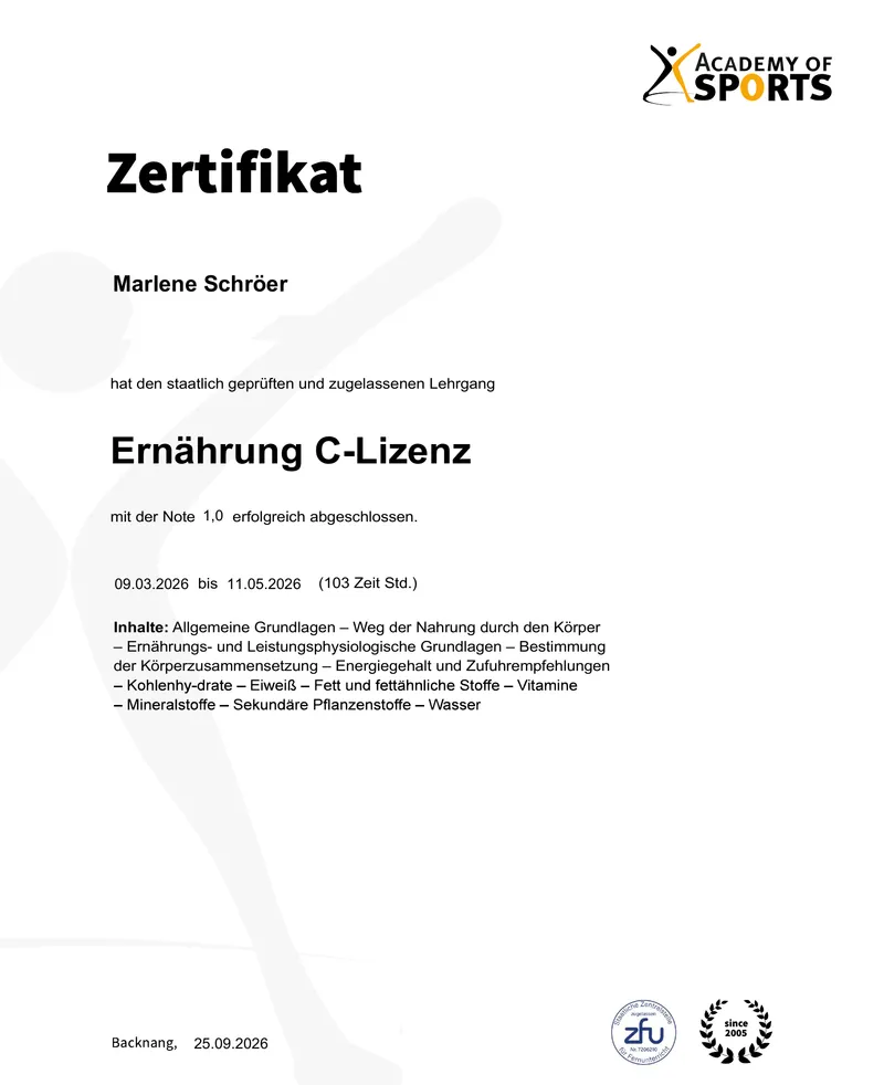 Zertifikat „Ernährung C-Lizenz“ der Academy of Sports für Marlene Schröer