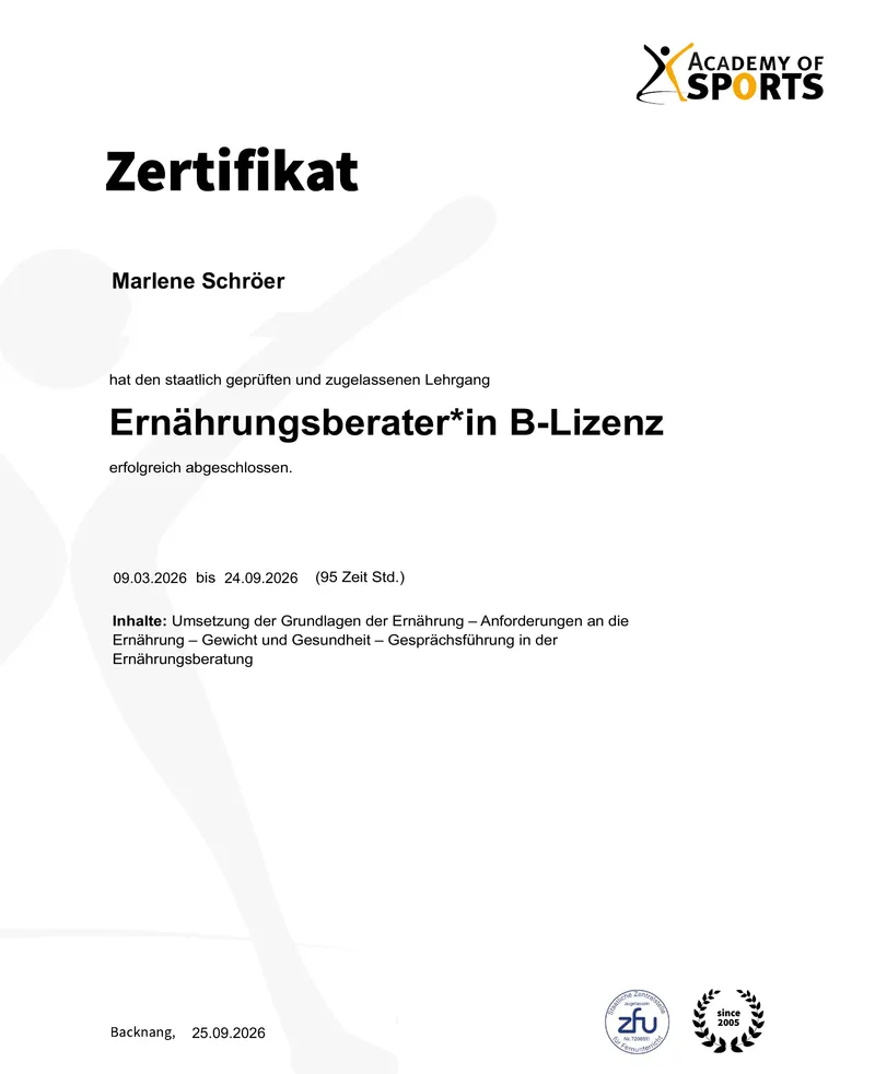 Zertifikat „Ernährungsberater*in B-Lizenz“ der Academy of Sports für Marlene Schröer